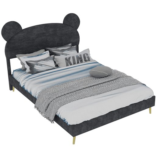 Cama infantil estofada 140x200 - Cabeceira macia com desenhos, base baixa sem arrumação - Cinza