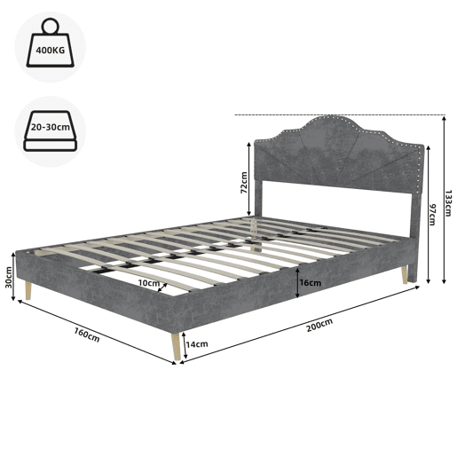 Cama minimalista 160x200 - cabeceira suave e confortável, base baixa multifuncional - cinzenta