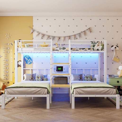 Beliche triplo 140x200+90x200 - LED, secretária, USB e tomada - Branco