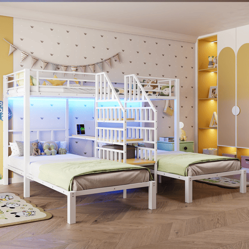 Beliche triplo 140x200+90x200 - LED, secretária, USB e tomada - Branco