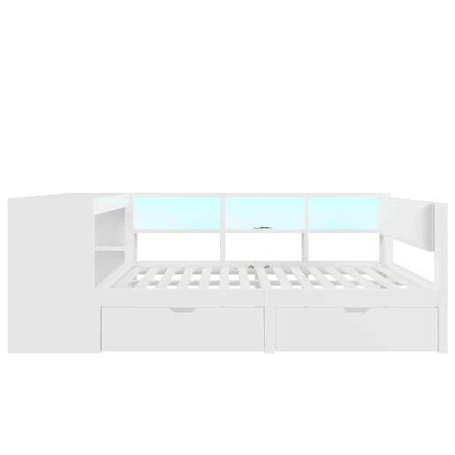 Cama plataforma 140x200 - com arrumação, gavetas, estação de carregamento e LED - Branco