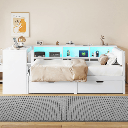 Cama plataforma 140x200 - com arrumação, gavetas, estação de carregamento e LED - Branco