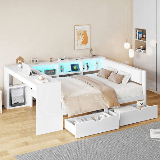 Cama plataforma 140x200 - com arrumação, gavetas, estação de carregamento e LED - Branco