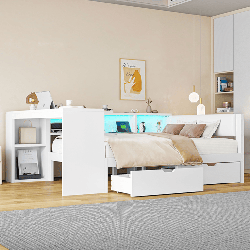 Cama plataforma 140x200 - com arrumação, gavetas, estação de carregamento e LED - Branco