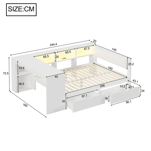Cama plataforma 140x200 - com arrumação, gavetas, estação de carregamento e LED - Branco