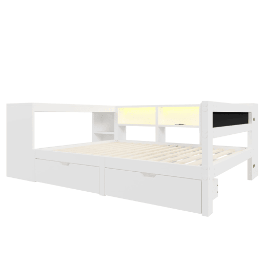 Cama plataforma 140x200 - com arrumação, gavetas, estação de carregamento e LED - Branco