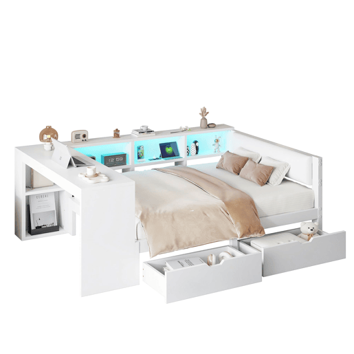 Cama plataforma 140x200 - com arrumação, gavetas, estação de carregamento e LED - Branco