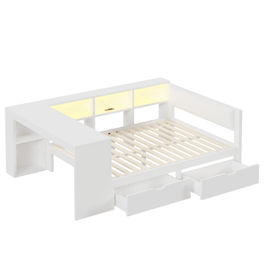 Cama plataforma 140x200 - com arrumação, gavetas, estação de carregamento e LED - Branco