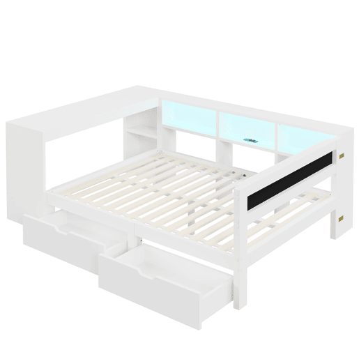 Cama plataforma 140x200 - com arrumação, gavetas, estação de carregamento e LED - Branco