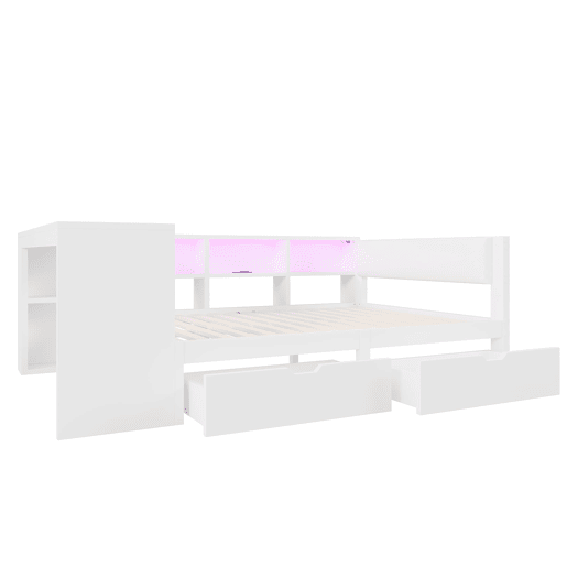 Cama plataforma 140x200 - com arrumação, gavetas, estação de carregamento e LED - Branco