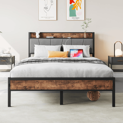 Cama 120x200 cm - LED inteligente, cabeceira com arrumação e USB, metal resistente - Antique Brown