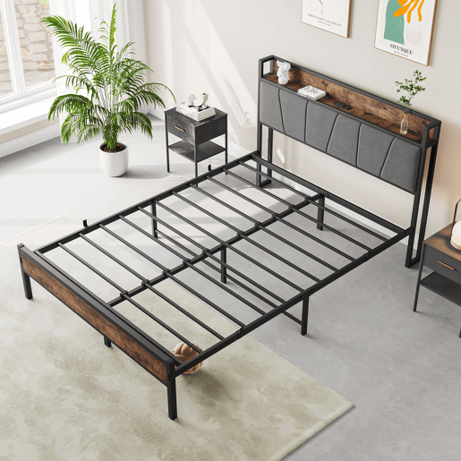 Cama 120x200 cm - LED inteligente, cabeceira com arrumação e USB, metal resistente - Antique Brown