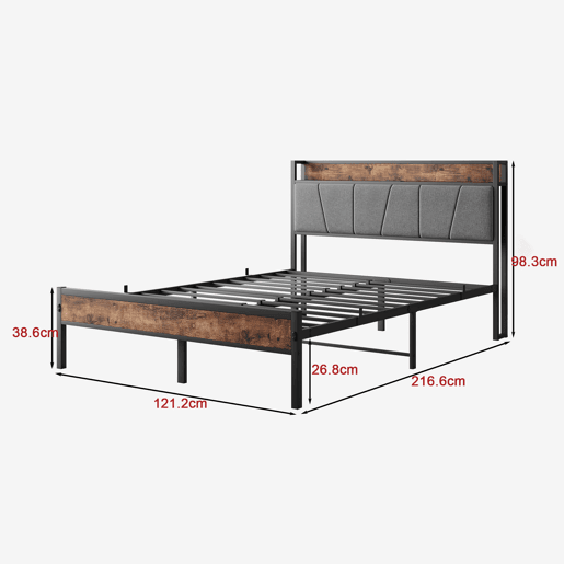 Cama 120x200 cm - LED inteligente, cabeceira com arrumação e USB, metal resistente - Antique Brown