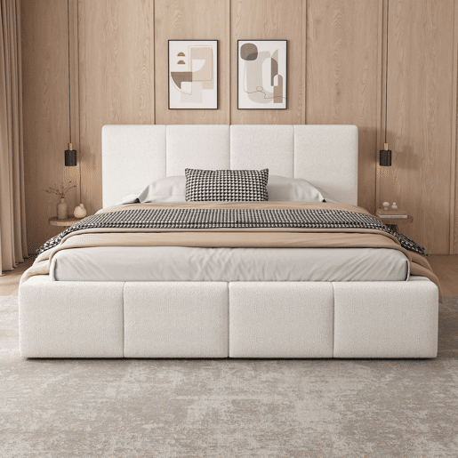Cama de casal estofada 180x200 - com cabeceira acolchoada e estrado - bege bouclé