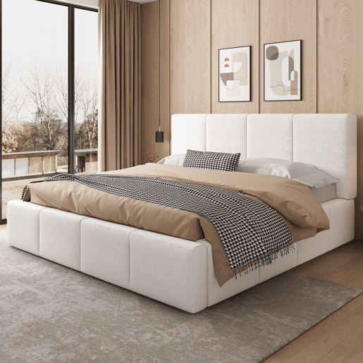 Cama de casal estofada 180x200 - com cabeceira acolchoada e estrado - bege bouclé