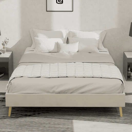 Cama moderna minimalista 140x200 - Base baixa, tecido veludo holandês - Bege Cama moderna minimalista 140x200 - Base baixa, tecido veludo holandês - Bege