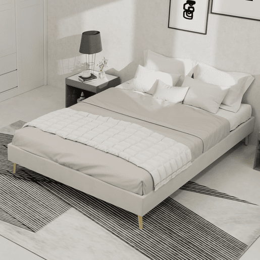 Cama moderna minimalista 140x200 - Base baixa, tecido veludo holandês - Bege Cama moderna minimalista 140x200 - Base baixa, tecido veludo holandês - Bege