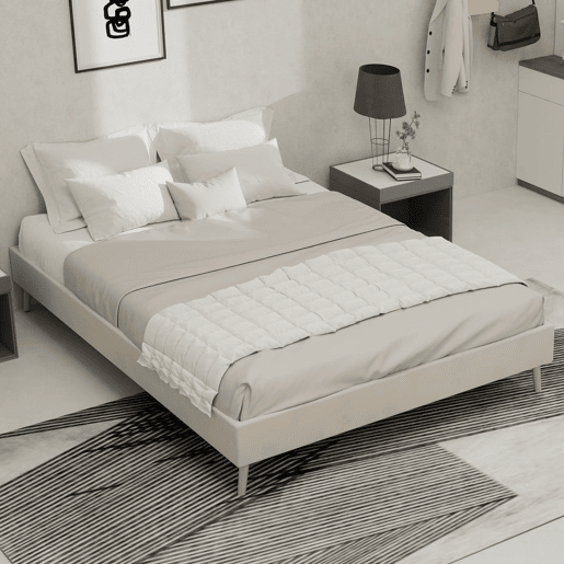 Cama moderna minimalista 140x200 - Base baixa, tecido veludo holandês - Bege Cama moderna minimalista 140x200 - Base baixa, tecido veludo holandês - Bege