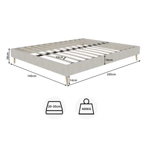 Cama moderna minimalista 140x200 - Base baixa, tecido veludo holandês - Bege Cama moderna minimalista 140x200 - Base baixa, tecido veludo holandês - Bege