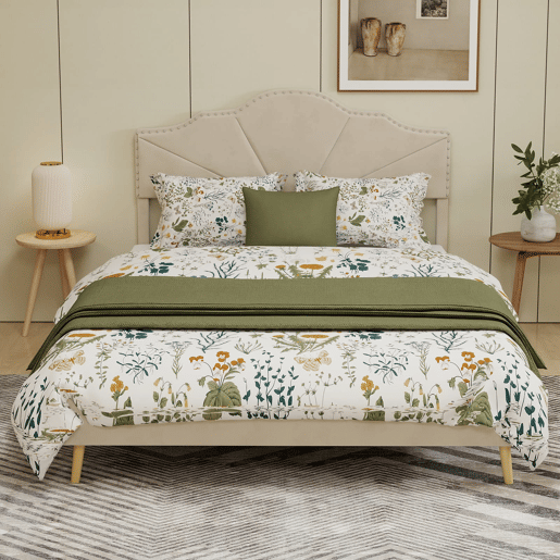 Cama estofada 160x200 - cabeceira macia e confortável, base baixa, multifuncional - bege