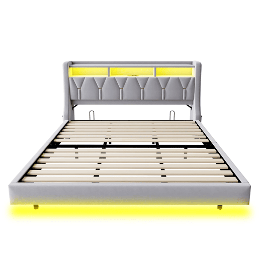 Cama estofada 180 x 200 cm - Encosto rebatível com tomada e compartimento, iluminação LED, pés largos, design flutuante, veludo cinza claro