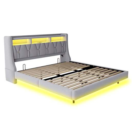 Cama estofada 180 x 200 cm - Encosto rebatível com tomada e compartimento, iluminação LED, pés largos, design flutuante, veludo cinza claro