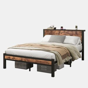 Cama individual 140x200 cm - Estrutura metálica com arrumação, silenciosa - Castanho vintage