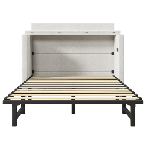 Cama armário 140x200 - Com gaveta, ligações USB e Tipo-C, plataforma convertível, sem colchão - Bege