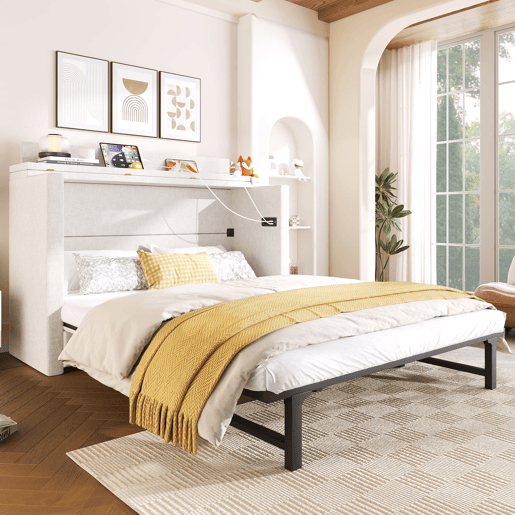 Cama armário 140x200 - Com gaveta, ligações USB e Tipo-C, plataforma convertível, sem colchão - Bege