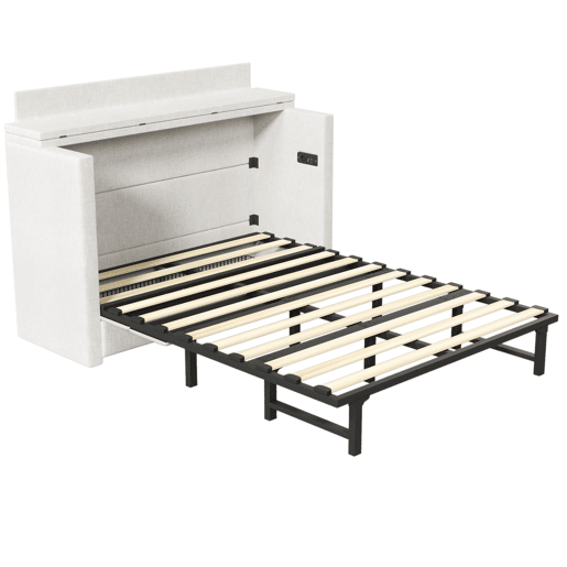 Cama armário 140x200 - Com gaveta, ligações USB e Tipo-C, plataforma convertível, sem colchão - Bege