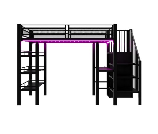 Cama alta 90x200 - con luz led, enchufe, estante y librería, multifuncional - negro