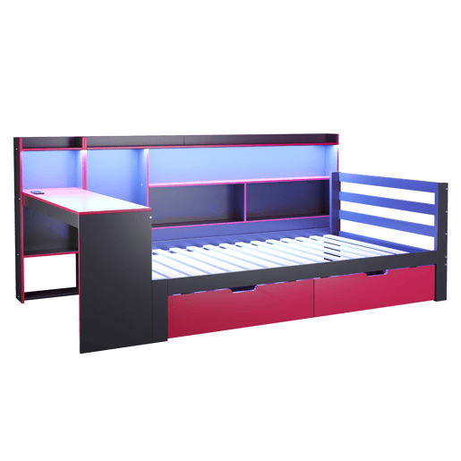 Sofá-cama de madeira 90x200 - Secretária, estantes, arrumação, iluminação, tomadas - Preto+Vermelho