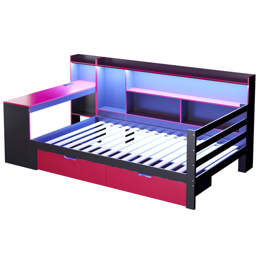 Sofá-cama de madeira 90x200 - Secretária, estantes, arrumação, iluminação, tomadas - Preto+Vermelho