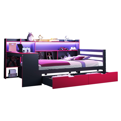 Sofá-cama de madeira 90x200 - Secretária, estantes, arrumação, iluminação, tomadas - Preto+Vermelho