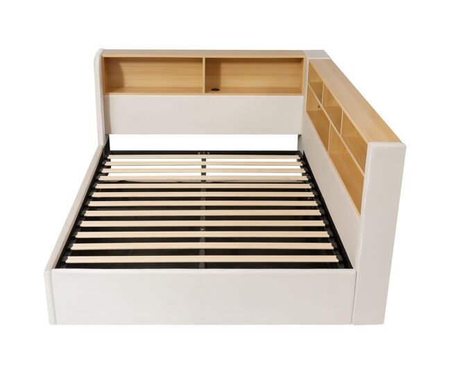 Daybett 140x190 cm - cama multifuncional con almacenamiento hidráulico, led, usb, terciopelo - beige