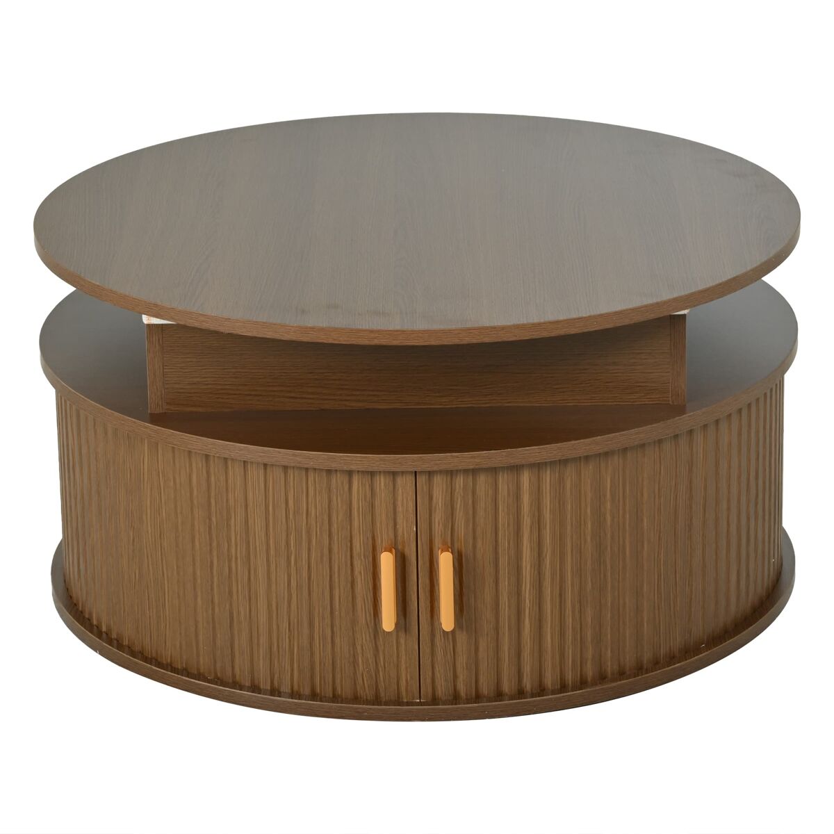 mesa de centro elevable 75x75x52 cm - led redonda con almacenaje oculto - nogal