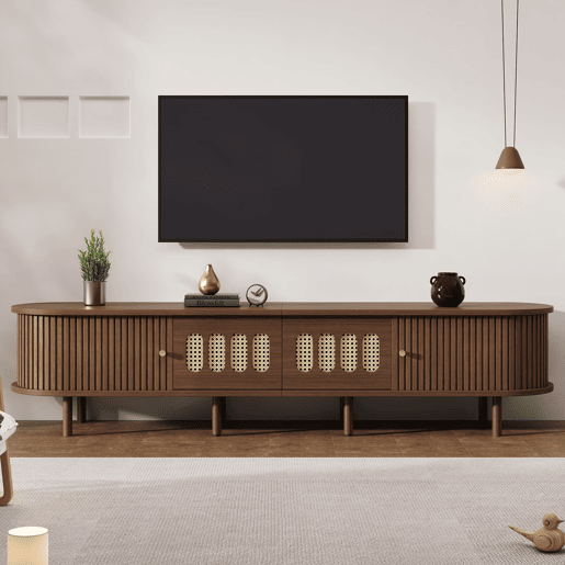 Móvel de TV ovalado 180x40x40 cm - rattan, 2 gavetas - nogueira Móvel de TV ovalado 180x40x40 cm - rattan, 2 gavetas - nogueira