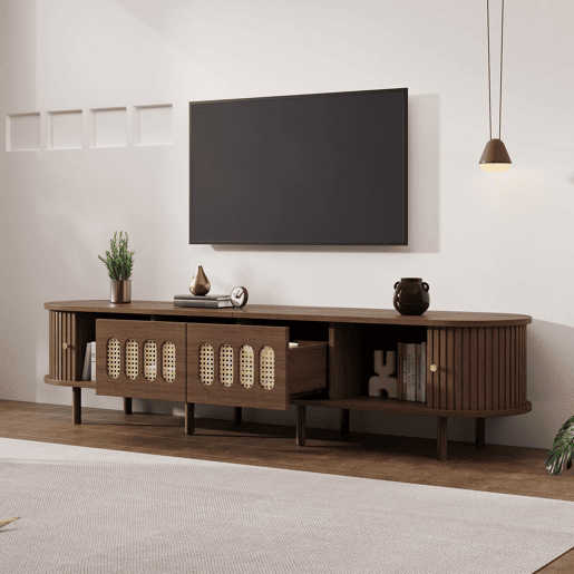 Móvel de TV ovalado 180x40x40 cm - rattan, 2 gavetas - nogueira Móvel de TV ovalado 180x40x40 cm - rattan, 2 gavetas - nogueira
