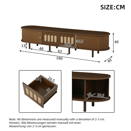Móvel de TV ovalado 180x40x40 cm - rattan, 2 gavetas - nogueira Móvel de TV ovalado 180x40x40 cm - rattan, 2 gavetas - nogueira
