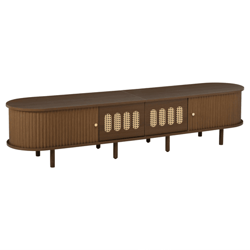 Móvel de TV ovalado 180x40x40 cm - rattan, 2 gavetas - nogueira Móvel de TV ovalado 180x40x40 cm - rattan, 2 gavetas - nogueira