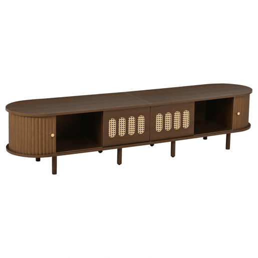 Móvel de TV ovalado 180x40x40 cm - rattan, 2 gavetas - nogueira Móvel de TV ovalado 180x40x40 cm - rattan, 2 gavetas - nogueira