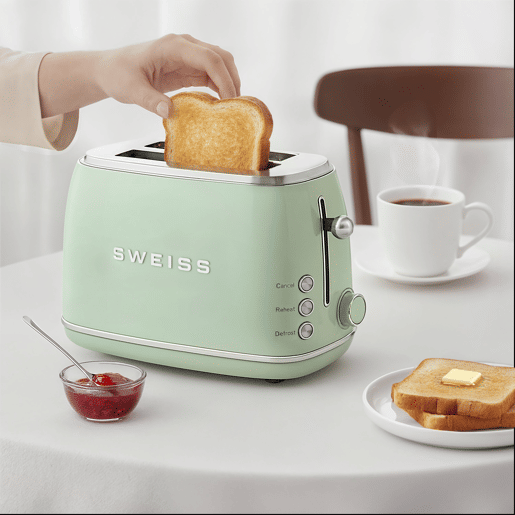 Torradeira vintage SWEISS GRS7 de 850 W com 2 ranhuras, 6 níveis de tostagem e função descongelar, verde