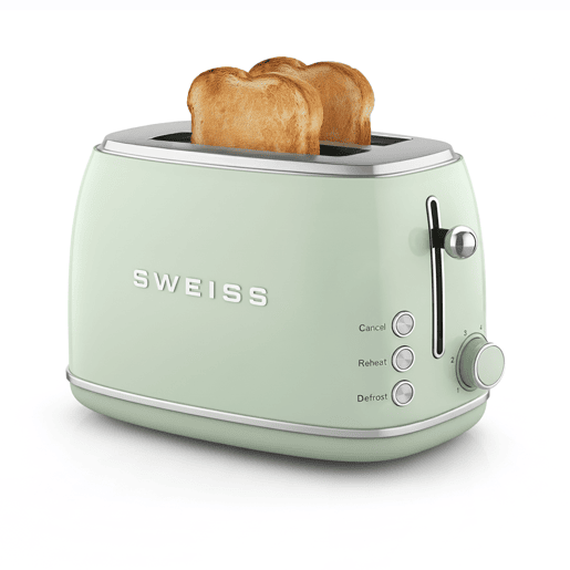 Torradeira vintage SWEISS GRS7 de 850 W com 2 ranhuras, 6 níveis de tostagem e função descongelar, verde