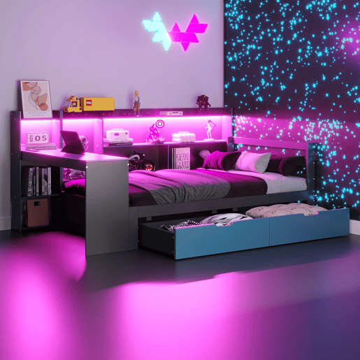 Sofá-cama de madeira 90x200 - Secretária, prateleiras, arrumação, iluminação, multifuncional - Preto+Azul