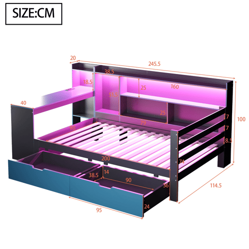 Sofá-cama de madeira 90x200 - Secretária, prateleiras, arrumação, iluminação, multifuncional - Preto+Azul