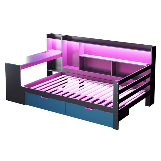 Sofá-cama de madeira 90x200 - Secretária, prateleiras, arrumação, iluminação, multifuncional - Preto+Azul