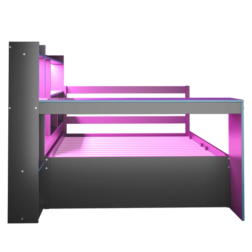 Sofá-cama de madeira 90x200 - Secretária, prateleiras, arrumação, iluminação, multifuncional - Preto+Azul