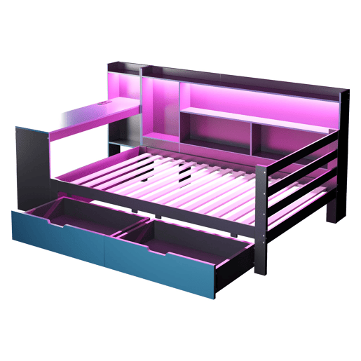 Sofá-cama de madeira 90x200 - Secretária, prateleiras, arrumação, iluminação, multifuncional - Preto+Azul
