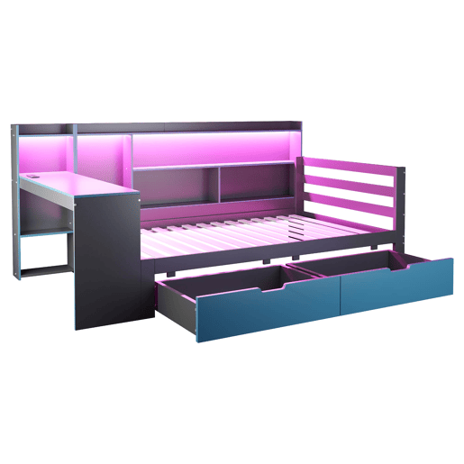 Sofá-cama de madeira 90x200 - Secretária, prateleiras, arrumação, iluminação, multifuncional - Preto+Azul