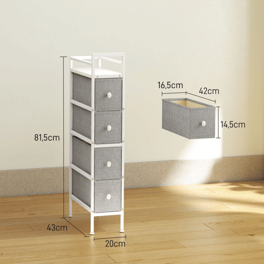 HOMCOM Móvel de Arrumação Estreito com 4 Gavetas de Tecido Cómoda para Quarto Estreita com Estrutura de Aço para Espaços Pequenos Sala de Estar Closet Casa de Banho 20x43x81,5 cm Cinzento Claro HOMCOM Móvel de Arrumação Estreito com 4 Gavetas de Tecido Cómoda para Quarto Estreita com Estrutura de Aço para Espaços Pequenos Sala de Estar Closet Casa de Banho 20x43x81,5 cm Cinzento Claro